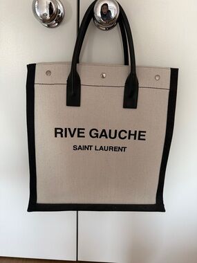 Saint Laurent Beige Canvas Rive Gauche Tote with Black Trim